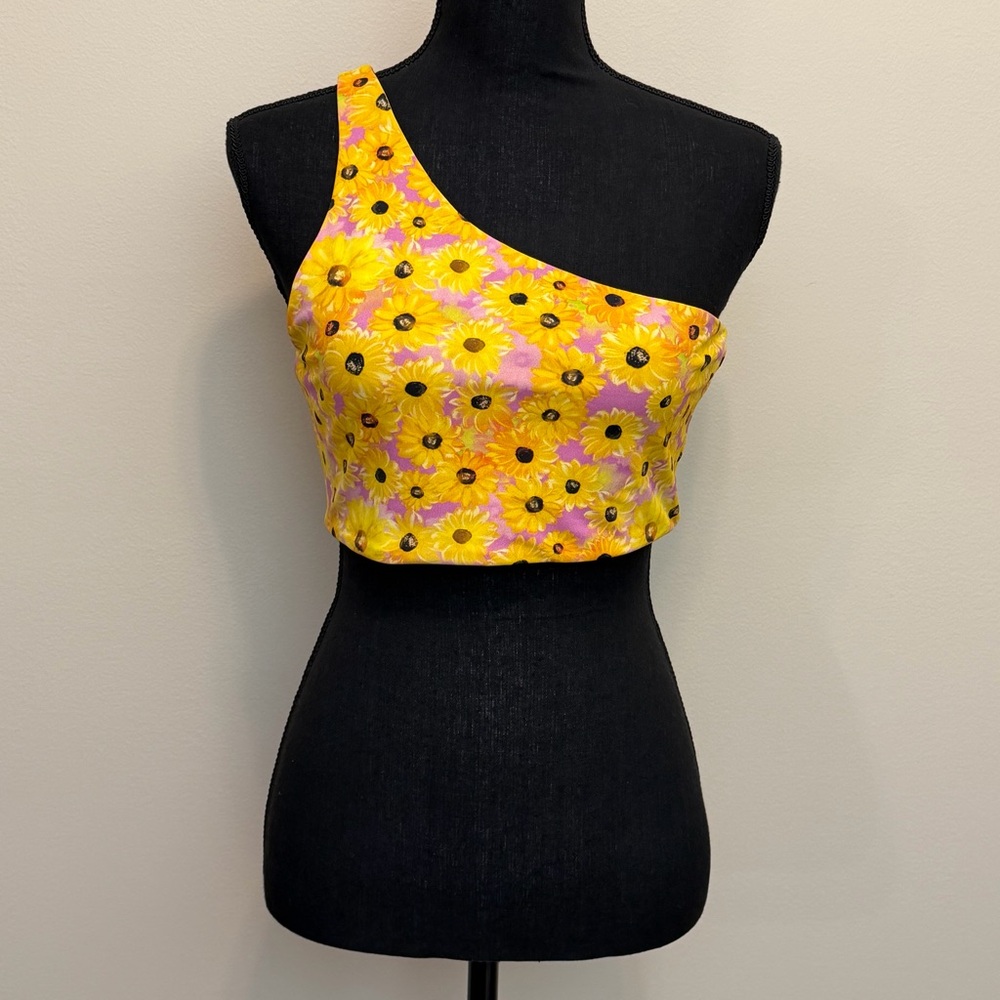 NEW Zara Yellow Sunflower One-Shoulder Crop Top Womens L Festival Boho‎ Summer